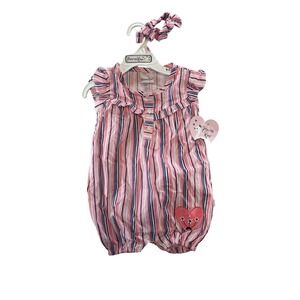 Princess Rose Baby Girl Romper &Headband Set Pink Stripe Heart Applique Size 18M